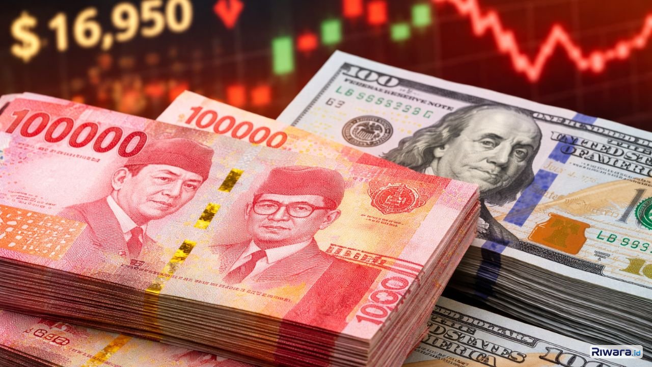 Ilustrasi Tumpukan uang rupiah dan dolar AS dengan latar grafik pergerakan pasar, mencerminkan tekanan nilai tukar rupiah yang mendekati Rp17.000 per dolar AS.
